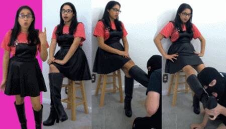 Math tutor eRica lets her student worship & lick her leather boots to help him focus