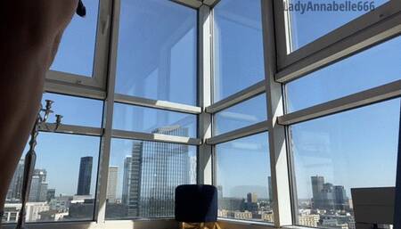 Sunny pegging with my obedient slave