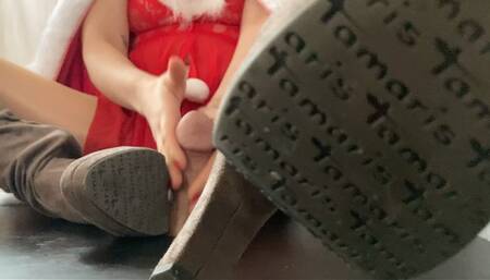 A Shoejob Date with Santa - Humilation, Fruitcrush on cock, CBT, Bootjob and Handjob in Overknee Boots - multicam - 4K