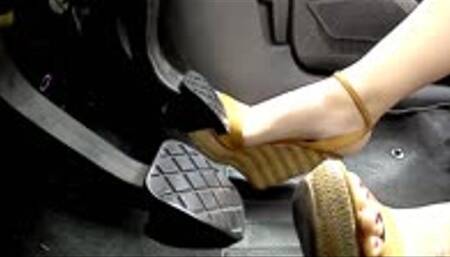 Driving to work in her Wedges - Side Pedal (Extra Long)