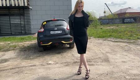 girl in high heels jumps on a mattress and makes holes in it with her heels