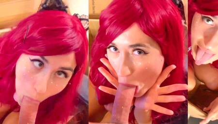 My Cosplay Sexy Hot Blowjob with Funny Faces of a Teen Redhead Girl From a Box, Fuck in Mouth
