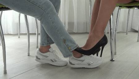 One of you in sneakers with no socks and the other in heels and no nylons