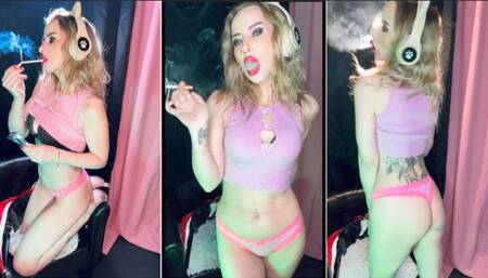 Chain smoking (chain light) 1 Marlboro 100 & 3 Voque slim in slip and bra top