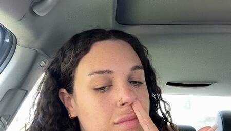 Sammie digs for boogers and blows her nose in the car