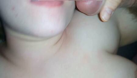 Cum on Her Smiling Mouth with Her Helping Tongue