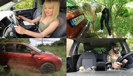 Anastasia tries to pull out a tree wearing a gas mask