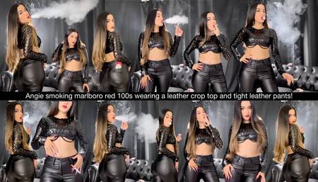 Angie smoking Marlboro Red 100s wearing a leather crop top and tight leather pants!