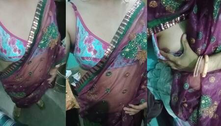 Indian Gay Crossdresser Gaurisissy Showing Her Full Body and Pressing and Playing with Her Big Boobs in Pink Saree