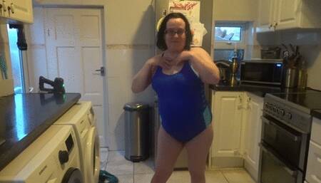 Wife with Big Breasts Dancing in Tight Blue Swimsuit