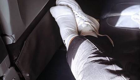 Sweaty Socks n Feet in the Airplane - Lenora taking shoes and socks off in Public