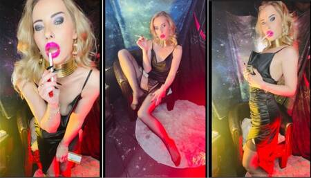 Watch me smoking a VS 120 in silky dress and nylons part 2
