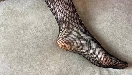 Girl in Black Fishnet Tights Seduces Guy and Lets Him Cum on Her Feet