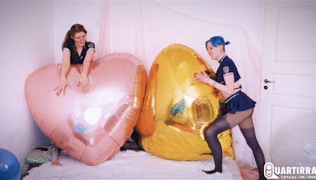 Q956 Cosette and Stashia ride and sitpop two huge mylar hearts - 480p