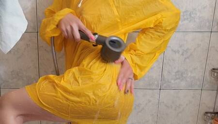 teasing you, pussy play while wearing rain poncho in the shower