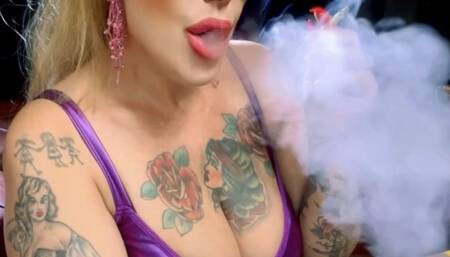 Custom - Dunhill - Mature Doll, Bimbo Milf - Smoker's cough, Puffs in your face, Triple pumps, Puffs, Long drag, Nose exhales, Smoke rings, Purple leather bodysuit, Long blue leather skirt, Heavy makeup, Pink lipstick, Long red nails, glasses