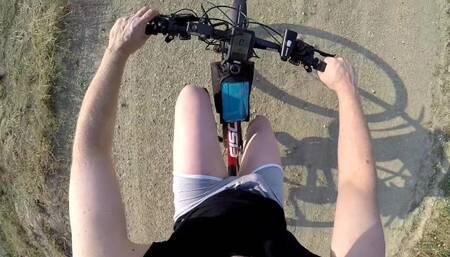 Naked and horny in public POV - Riding nude in nature, shaved body, masturbation until cumshot