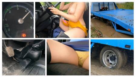 EXCLUSIVE STUCK: Emily drives tow truck hard and stuck in deep soft mud_NAKED EMILY
