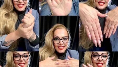 Hand worship - Beautiful and soft hands - Long hands, Long fingers, Palms of hands, Hands upside down, Applying cream on hands, Veins on hands, Long shiny nails, Long blonde hair, Heavy makeup, Glasses