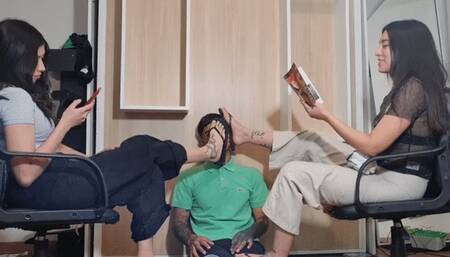 Two Sexy Step-Sis Foot Dominate a Nerdy Classmate