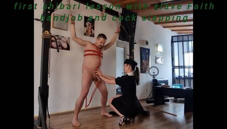 Mistress Antonias and Faith - First shibari lesson with slave Faith - whipping and teasing with gloves - part 4