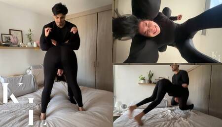 Wrestling Simona: Pedigree Hold Slammed on Bed (Black Long Sleeve, Black Leggings, Mixed Wrestling)