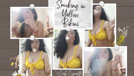 smoking two cork in yellow bikini and two different pose
