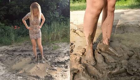 Blonde walks through the ankle deep mud barefoot