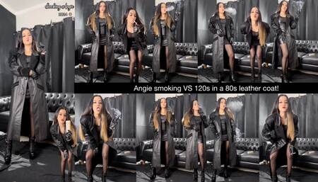 Angie smokes VS120s wearing a 80s leather coat, pantyhose, leather dress, leather gloves and leather heeled boots!