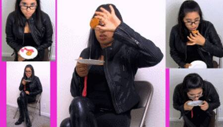 Leather bitch eRica spits cum from a used condom onto a cookie & eats it!
