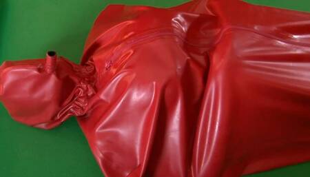 Masturbation Fun In The Bar Room with Gas Mask + Red Latex Catsuit Under Rubber Raincoat - Part 4 of 4