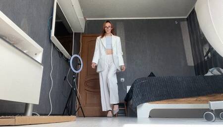 girl in high heels and a tailored suit came home after work and wants you to lick her sweet toes