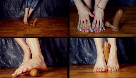 Footjob with oil on huge dildo! Foot fetish, bare feet, close ups, oil !