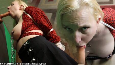 Vivica tied welded elbows clamped nipples practicing her oral skills bound BJ on a dildo