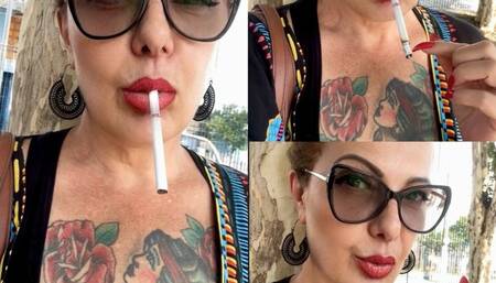 Winston 100s - Smoking quickly on the street - Deep Inhales, Double pumps, Smoker's cough, Crush, Red lipstick, Long red nails, All star converse silver leather sneakers, sunglasses