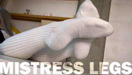 Goddess Foot Teasing In Cute White Knee Socks On The White Table (MP4 4K)