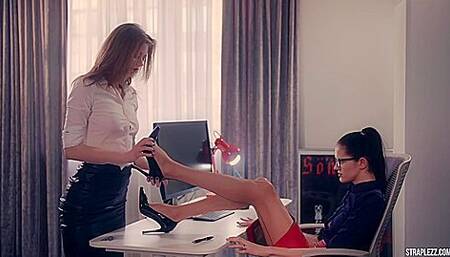 Strapless Dildo And Maria Pie In Lesbian At The Office Hot Video With Merry Pie