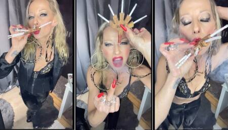 Smoking 5 voque blue slim at once with my 5 holder in pvc leather and boots