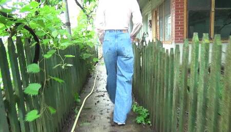 Walking in jeans and a shirt