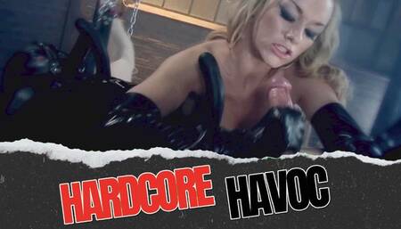 Latex glove Dominatrix playing rubber femdom games with her humiliated imprisoned and bonded BDSM slave