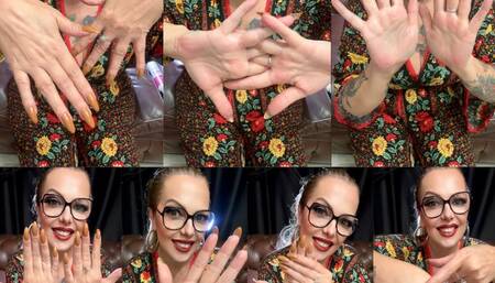 Doll hands - Hand worship - Beautiful and soft hands - Long hands, Long fingers, Palms of hands, Hands upside down, Applying cream on hands, Veins on hands, Kimono, Long nails, Long hair tied back, Heavy makeup, Red Lipstick, Glasses