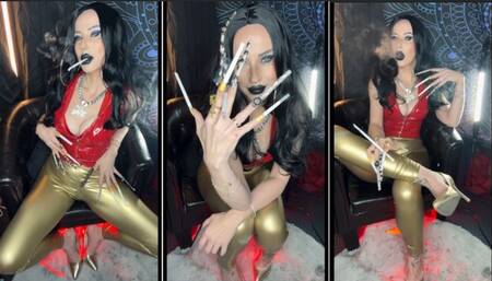 Smoking an extra long Eve 200 with extra long nails styled in black red gold pvc and high heels black wig lips and lungs