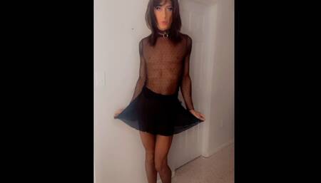 Crossdressing in a Nylon Mesh Skirt and Black Pantyhose