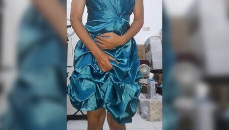Asian Crossdresser Satin Shiny Ruffle Dress Cumshot
