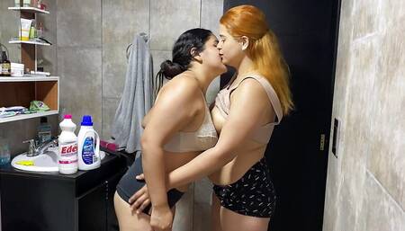 My step cousin watches me and masturbates when she sees me clean the bathroom and we end up fucking