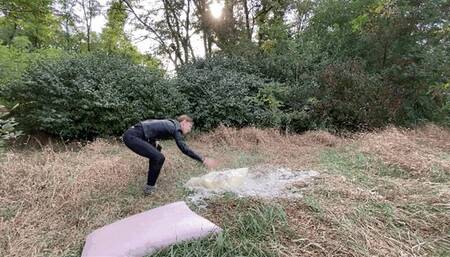 Destroying feather pillows with a rolling pin and ripping apart with hands (O)