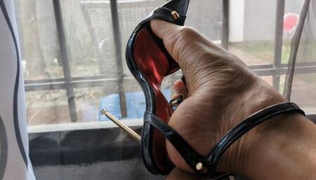 Katherine incredibly sexy high heel teasing on elegant black fetish sandals