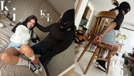 Simona Cuffed by an Intruder (Handcuffs, Baseball Tee, Denim Skirt, Mouth Stuffed, TapeGag, Crew Socks, High Top Shoes, Hopping, Chair Tied, Blindfold, Get free)