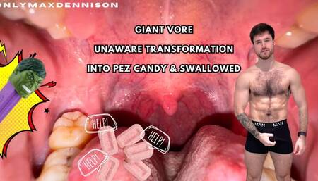 Giant vore unaware transformation into pez candy & swallowed