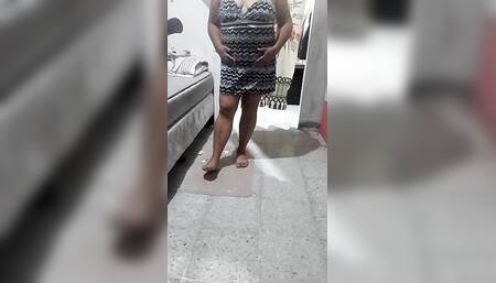 Hot grandmother in short dress wants to masturbate on video call with her stepson